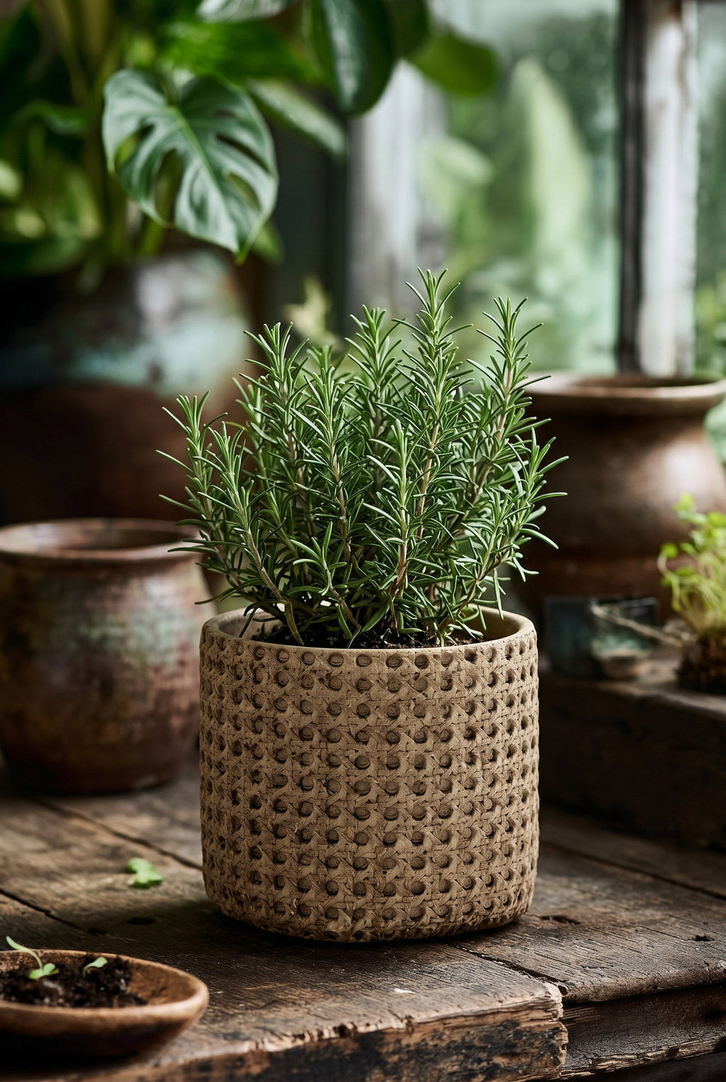 Bazar Bizar Betonnen Plantenpot Rattan Naturel Ø16 x H15 cm