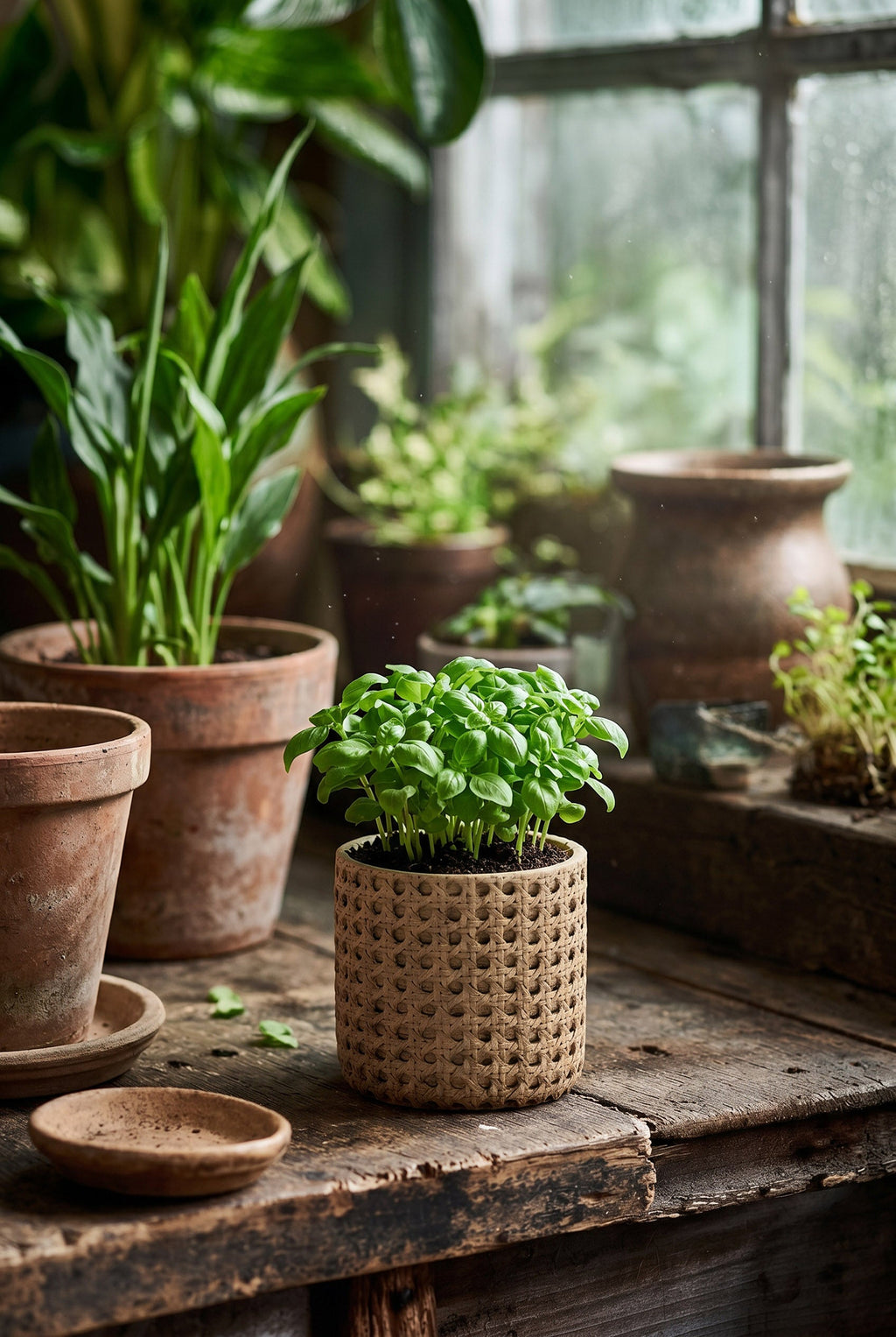 Bazar Bizar Betonnen Plantenpot Rattan Naturel Ø12 x H12 cm