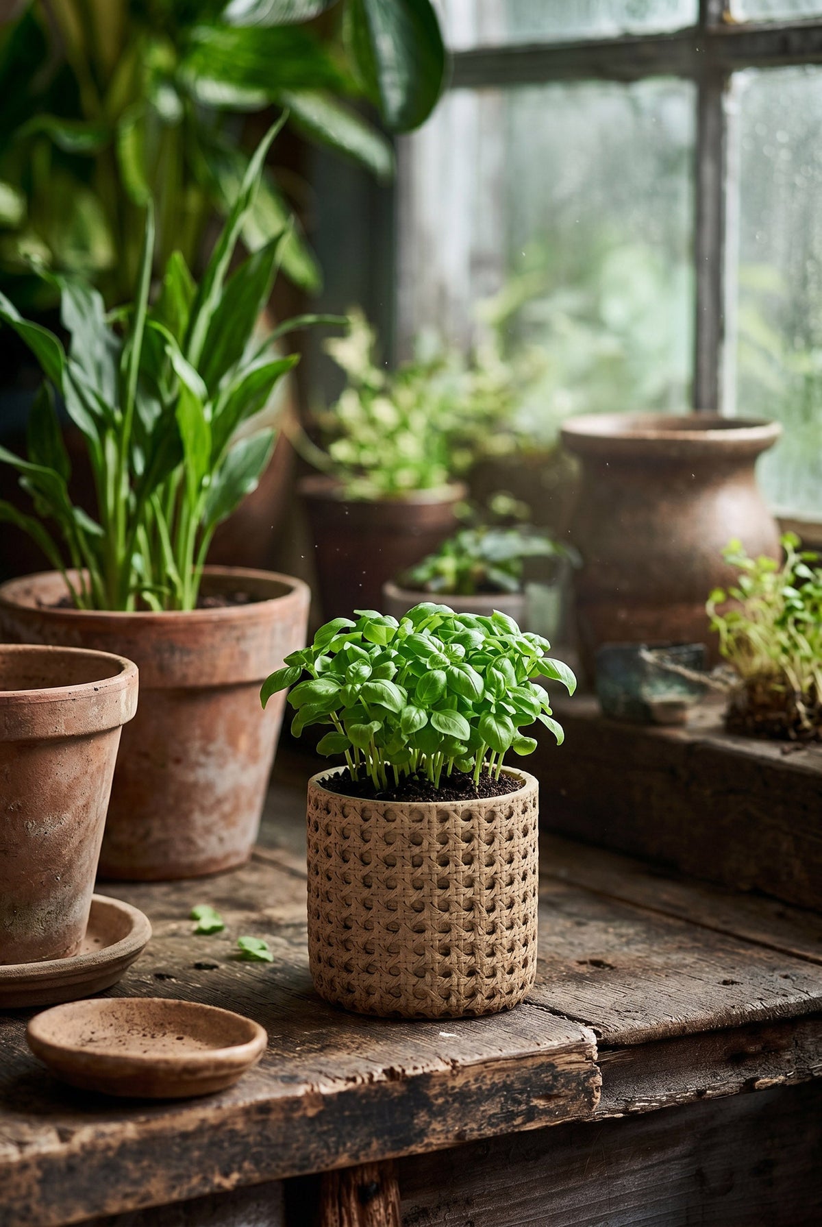 Bazar Bizar Betonnen Plantenpot Rattan Naturel Ø12 x H12 cm