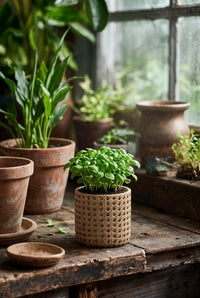 Bazar Bizar Betonnen Plantenpot Rattan Naturel Ø12 x H12 cm
